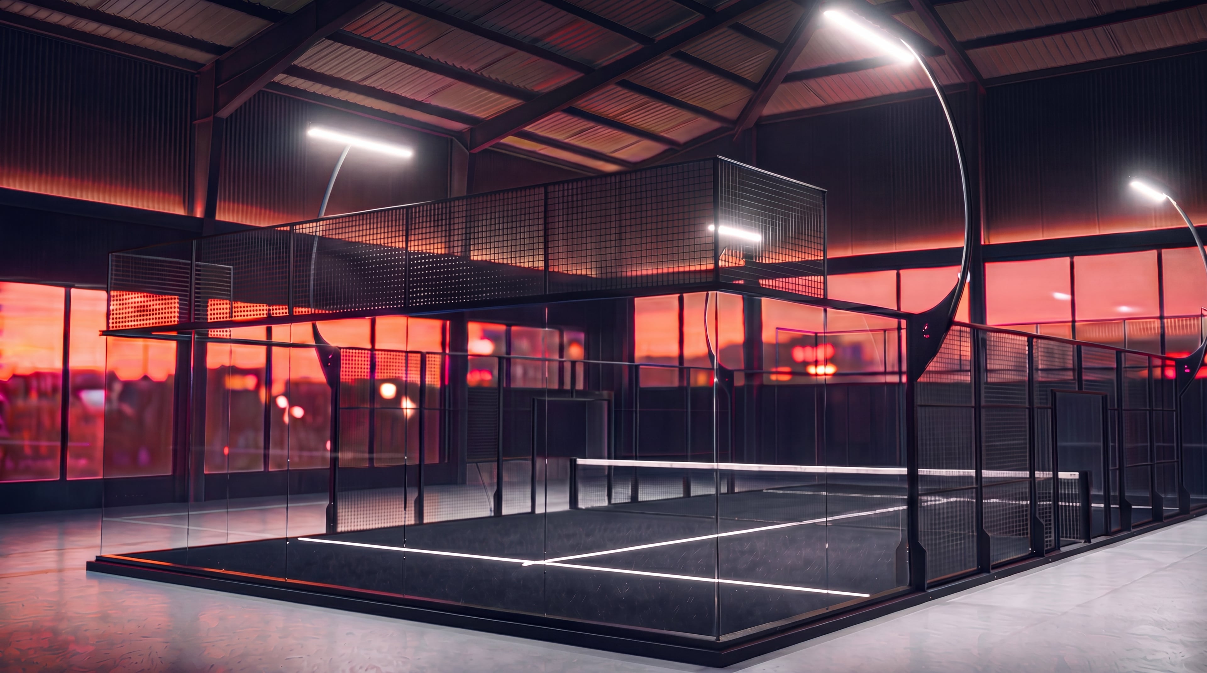 Orion XSport — cancha Apex superpanorámico con iluminación LED al atardecer en club indoor premium