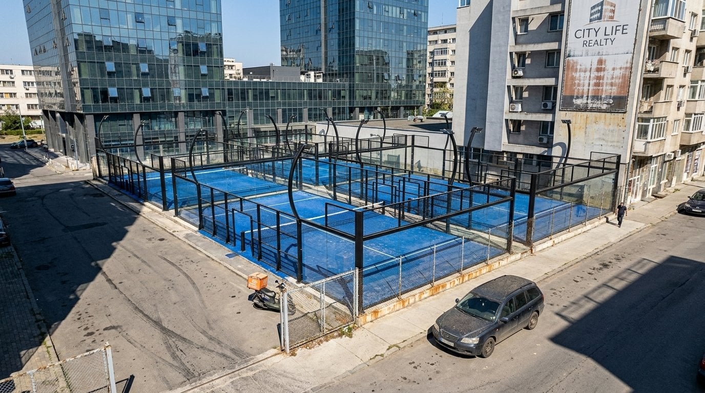 Orion XSport — cancha Arc panorámica con mástiles en arco y turf azul, club al aire libre de día