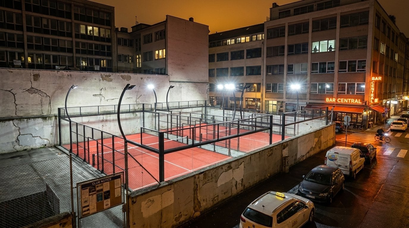 Orion XSport — cancha Arc panorámica con mástiles en arco e iluminación LED de noche, ambiente de club