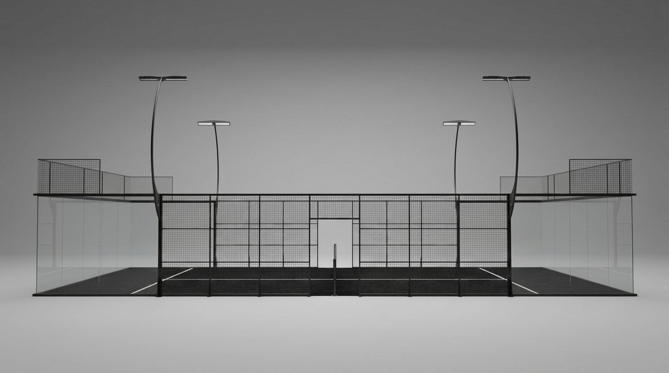 Orion XSport — cancha Apex superpanorámica, vista frontal de estudio con rail horizontal y sin postes intermedios