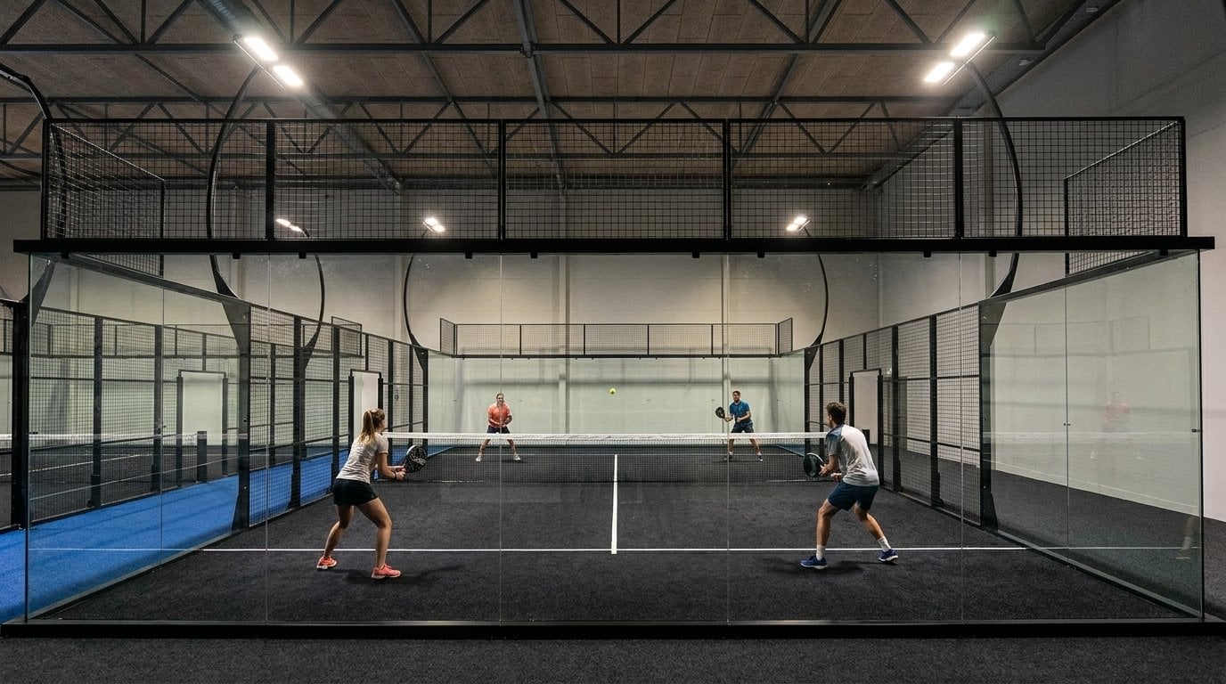 Orion XSport — cancha Superpanoramic Apex, club indoor con iluminación LED y partido 2v2