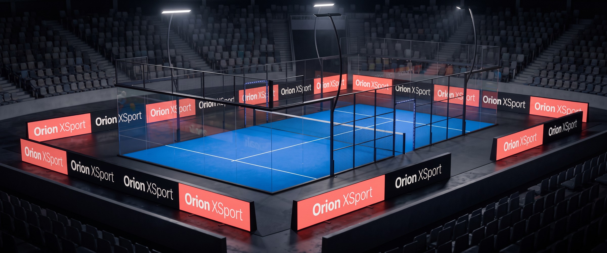 Estadio de competición con cancha Superpanoramic Apex de Orion XSport, publicidad LED perimetral de la marca, ambiente nocturno de FIP