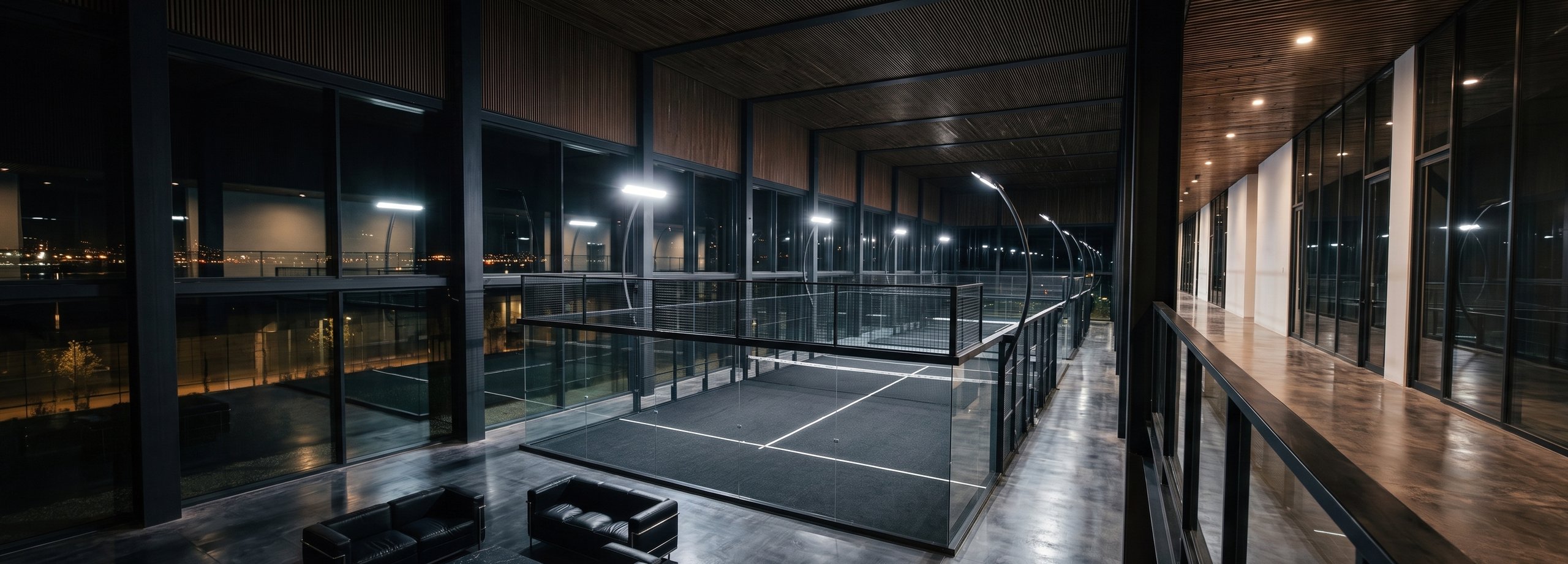 Cancha de pádel Superpanoramic Apex de Orion XSport en primer plano dentro de un club moderno de noche, vista desde una galería elevada, con más canchas Apex al fondo. Fabricación directa de fábrica.