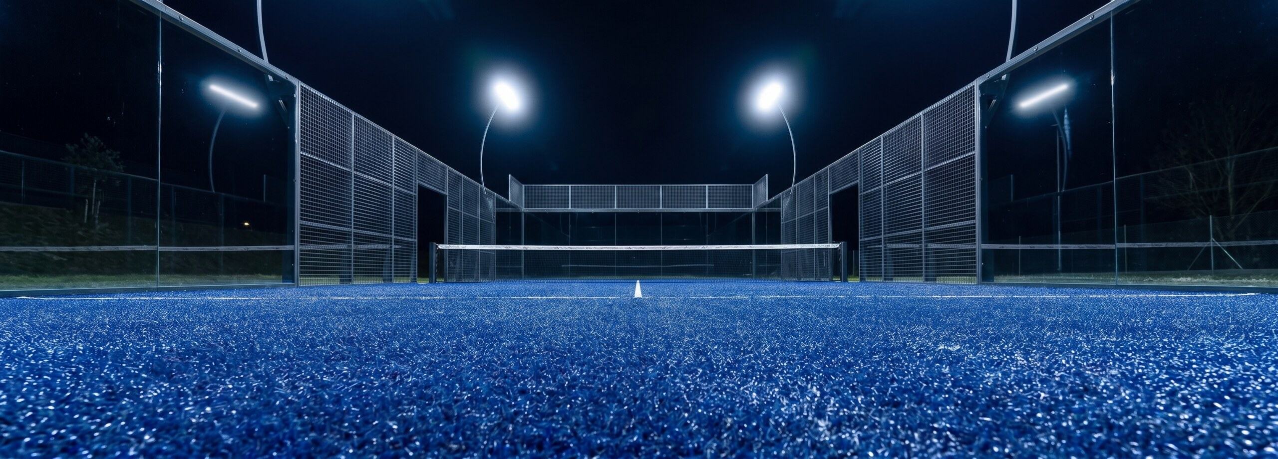 Grama sintética azul de uma quadra de padel vista rente ao chão, à noite e com a quadra iluminada. Fabricação direto da fábrica.