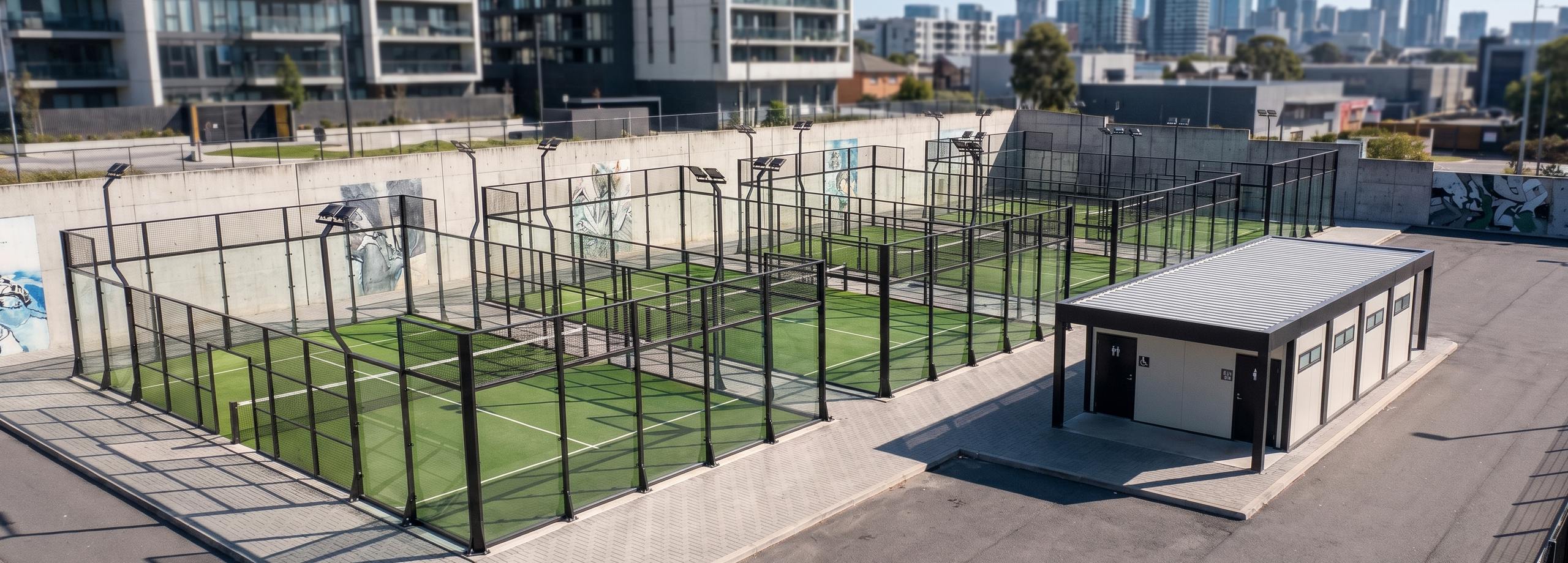 Cancha de pádel Classic Court de Orion XSport en un club urbano de varias canchas, con mural de arte urbano de fondo y una caseta de baños junto al acceso. Fabricación directa de fábrica.