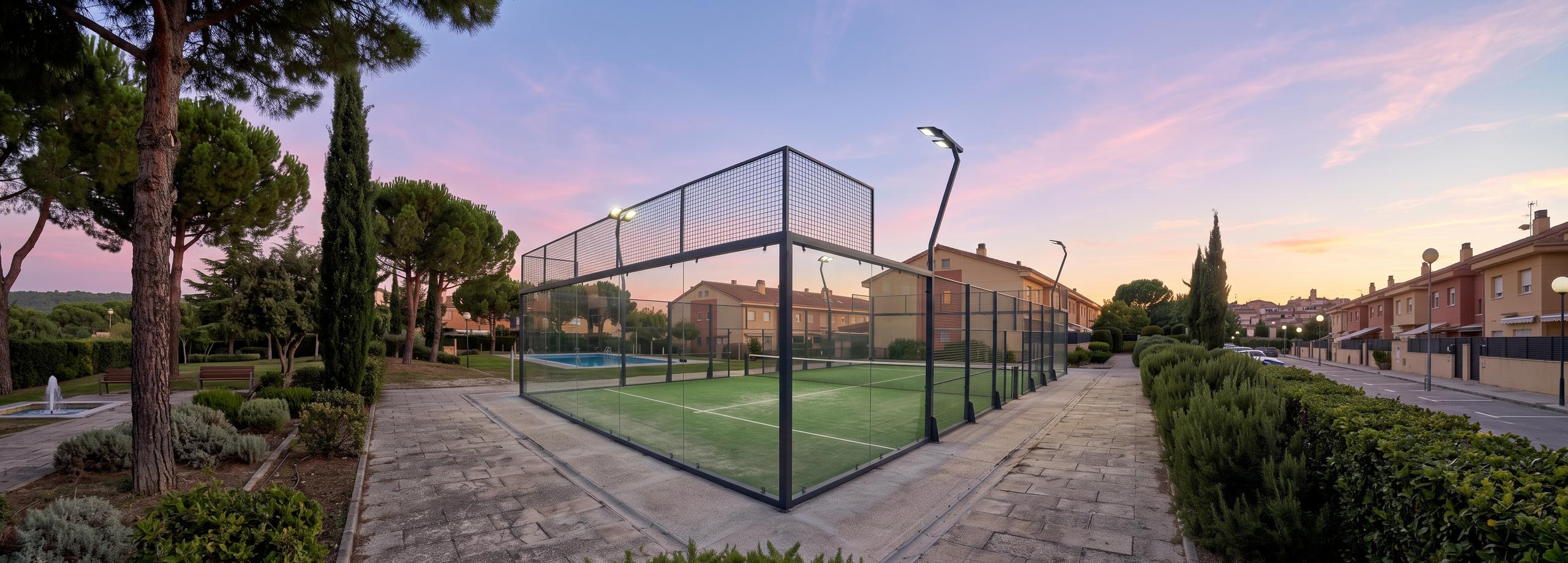 Cancha de pádel Panoramic Debut de Orion XSport en un club residencial al atardecer, con estructura negra, cristal templado en los cuatro lados, césped verde y torres de iluminación LED encendidas. Fabricación directa de fábrica.