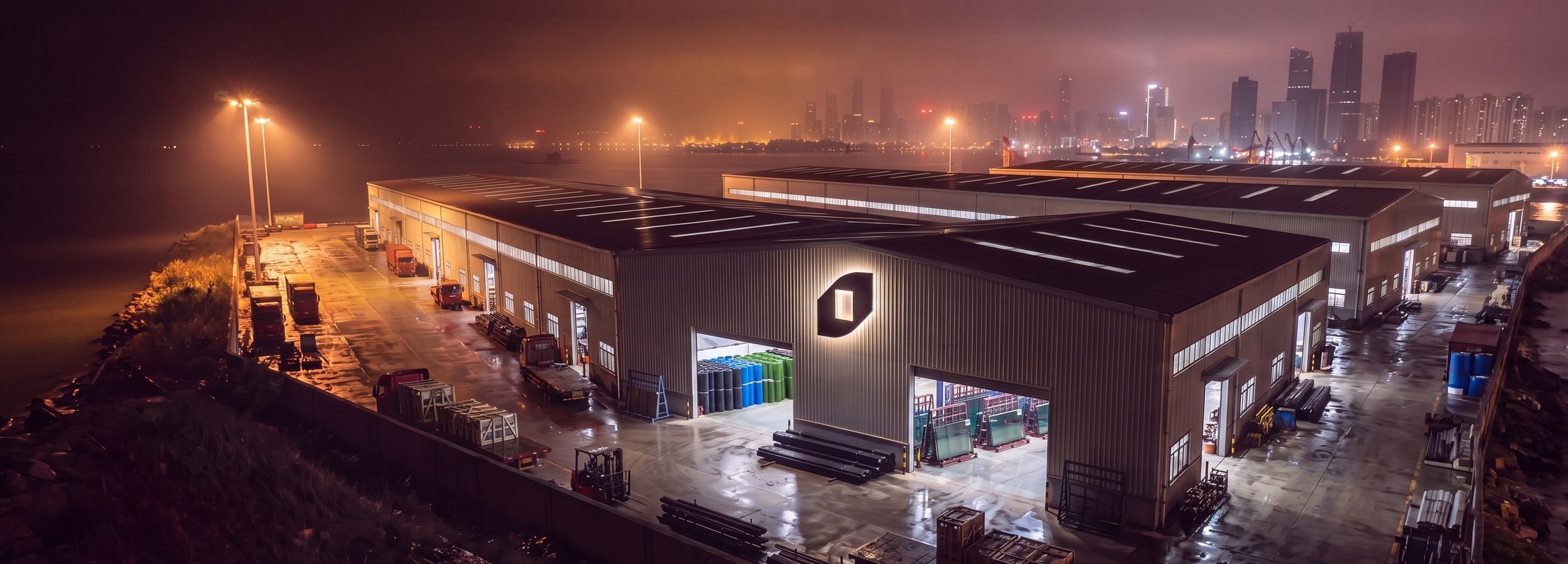 La planta de Orion XSport en Qingdao, de noche, con material de canchas listo para embarcar