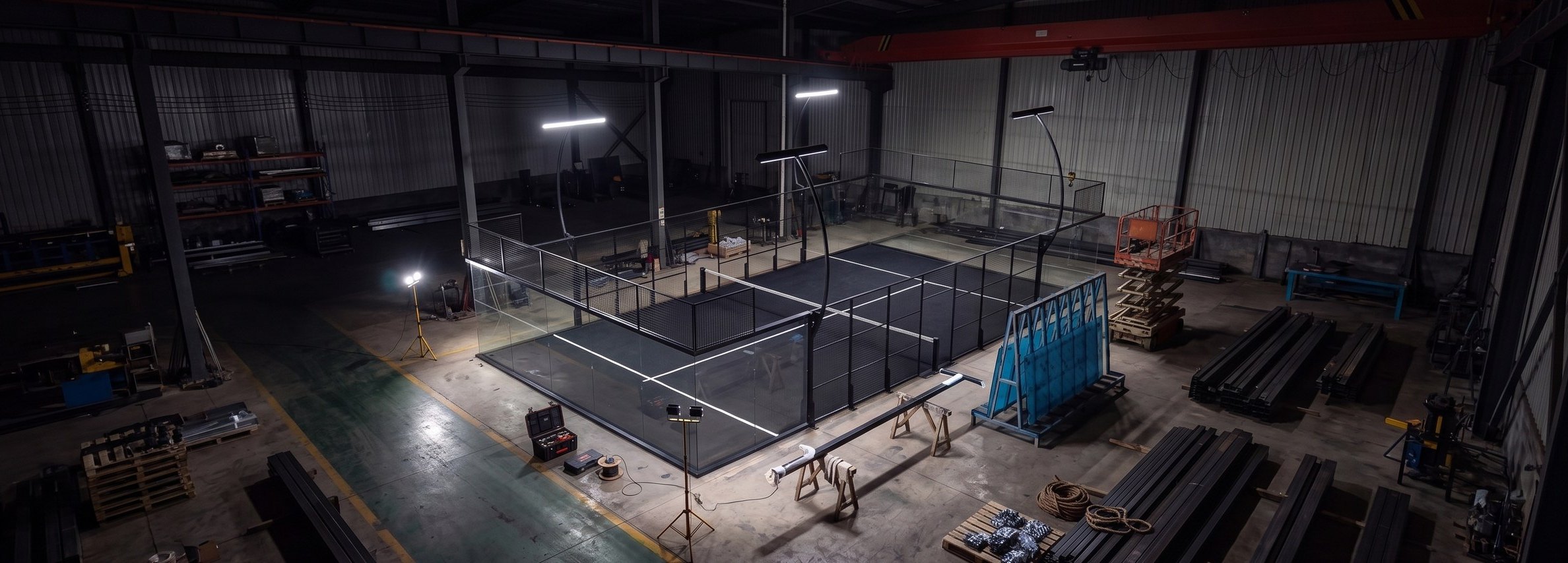 Cancha Superpanoramic Apex de Orion XSport en la planta de producción, de noche, con la iluminación LED encendida