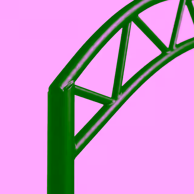 Detalle de la cercha triangulada de la cubierta y columna de tubo redondo en acero negro del modelo Shelter de Orion XSport. Fabricación directa de fábrica.