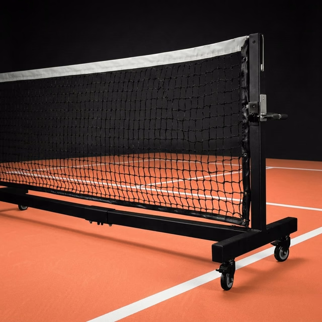 Conjunto de postes portáteis Post Mobile da Orion XSport montado em uma quadra de pickleball, com a rede colocada e a base com rodas multidirecionais apoiada sobre o piso. Fabricação direto da fábrica.