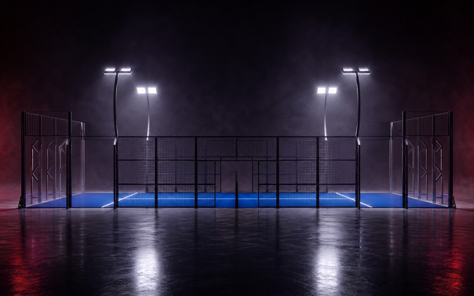 Cancha de pádel Anti Hurricane de Orion XSport, vista lateral completa: césped azul y columnas de celosía de refuerzo estructural. Fabricación directa de fábrica.