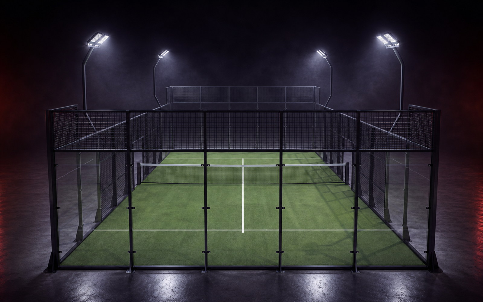 Cancha de pádel Classic Court de Orion XSport, vista aérea frontal elevada: césped verde y estructura clásica de postes rectos. Fabricación directa de fábrica.