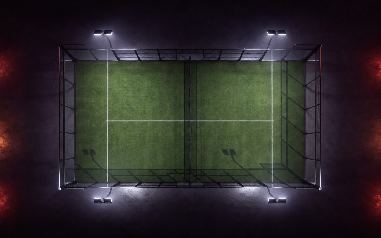 Cancha de pádel Classic Court de Orion XSport, vista cenital desde arriba: césped verde y estructura clásica de postes rectos. Fabricación directa de fábrica.