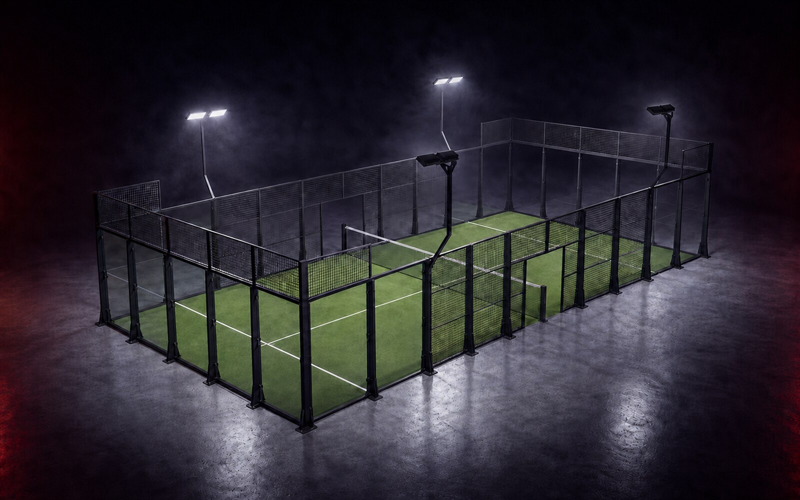 Cancha de pádel Classic Court de Orion XSport, vista de dron desde la esquina en tres cuartos: césped verde y estructura clásica de postes rectos. Fabricación directa de fábrica.
