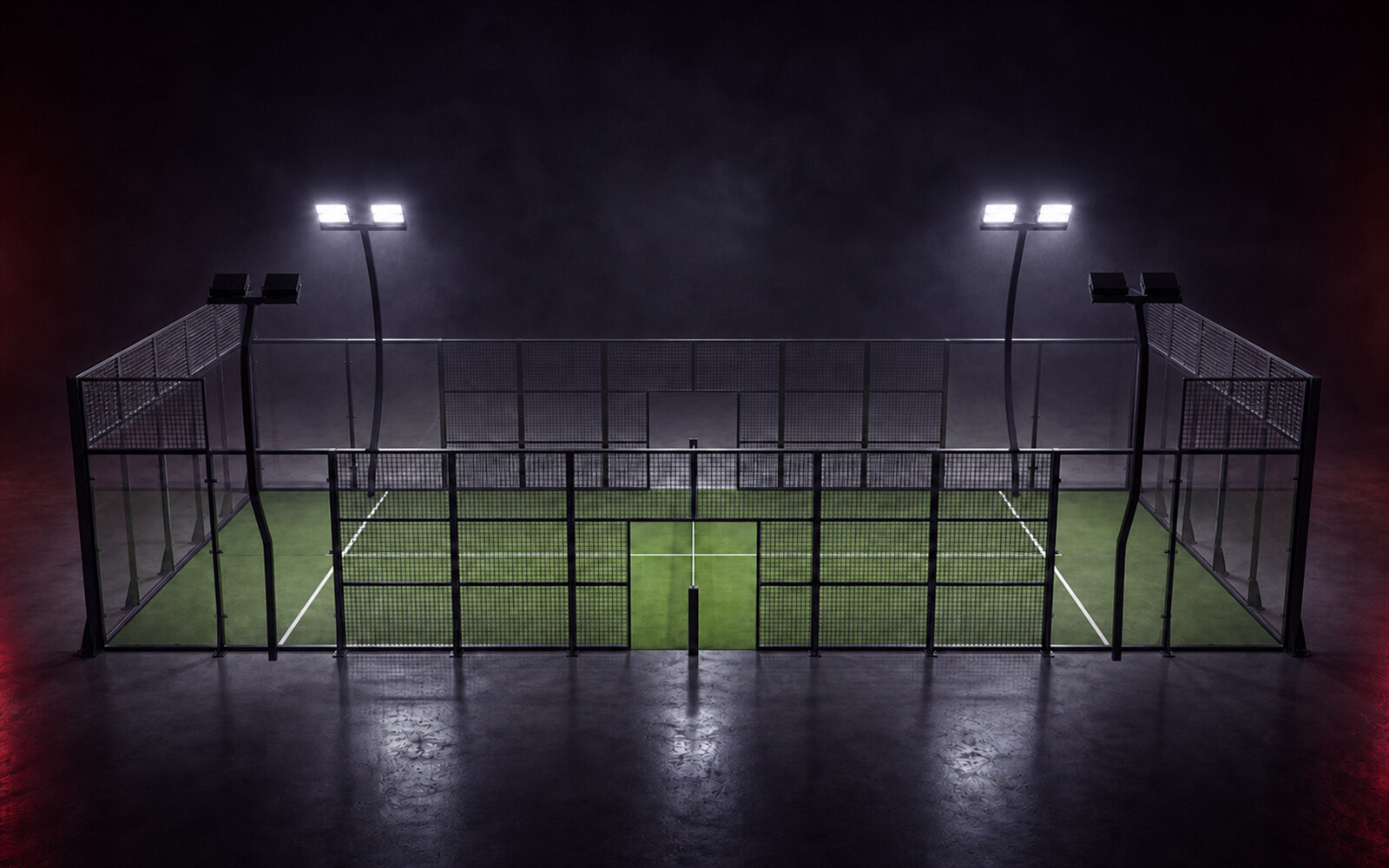 Cancha de pádel Classic Court de Orion XSport, vista lateral completa: césped verde y estructura clásica de postes rectos. Fabricación directa de fábrica.