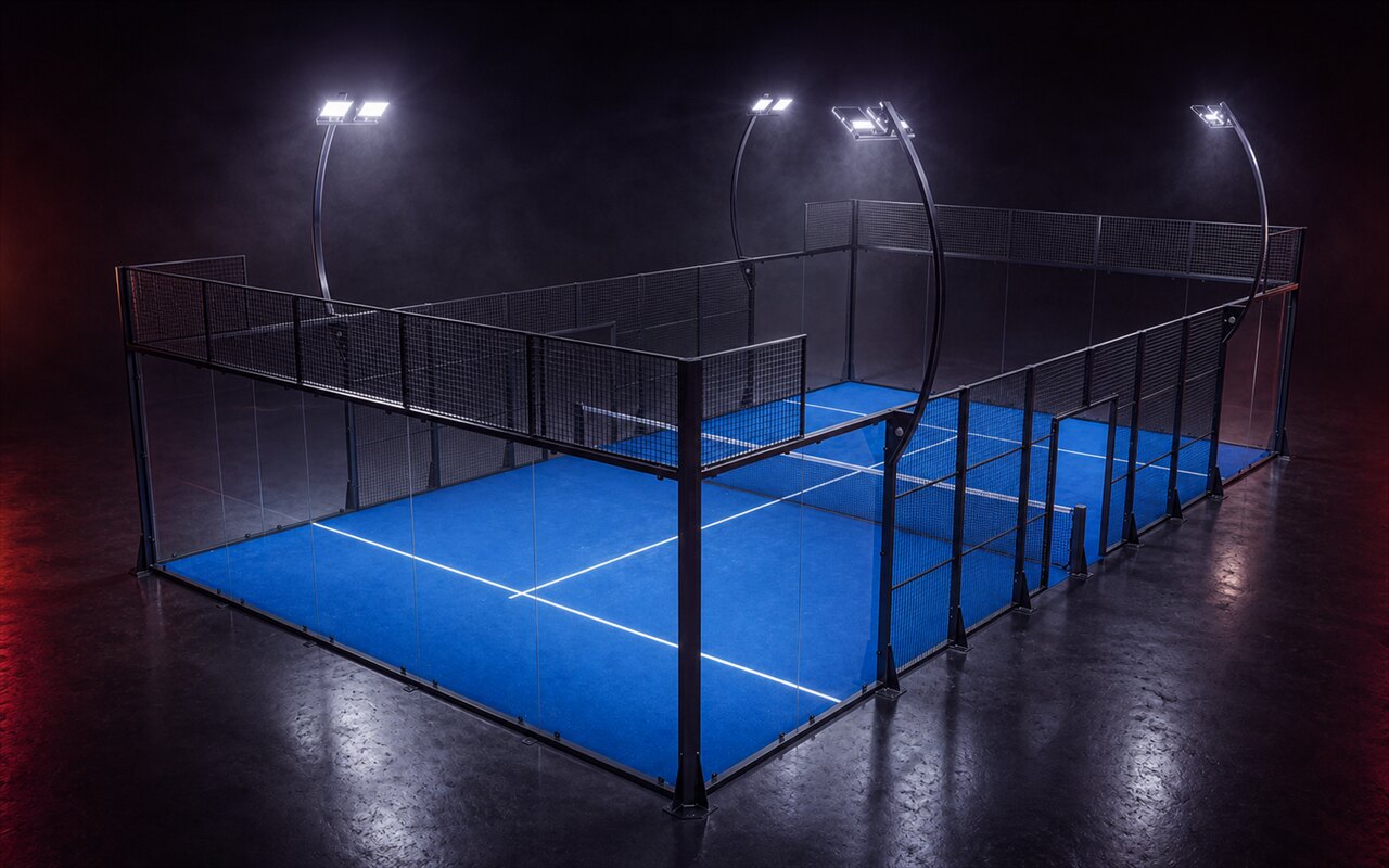 Cancha de pádel Panoramic Arc de Orion XSport, vista de dron desde la esquina en tres cuartos: césped azul y estructura de postes en arco. Fabricación directa de fábrica.