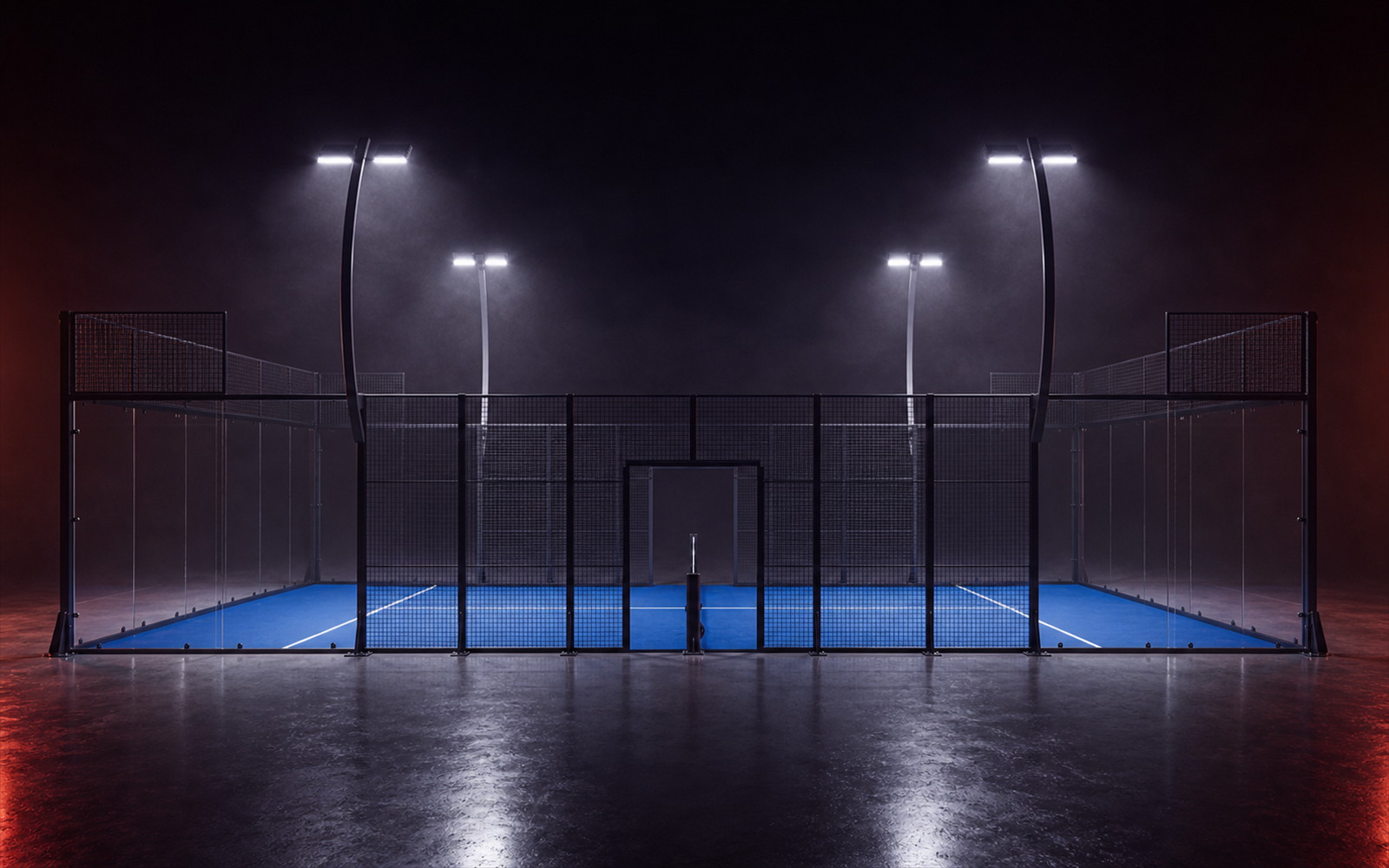 Cancha de pádel Panoramic Arc de Orion XSport, vista lateral completa: césped azul y estructura de postes en arco. Fabricación directa de fábrica.