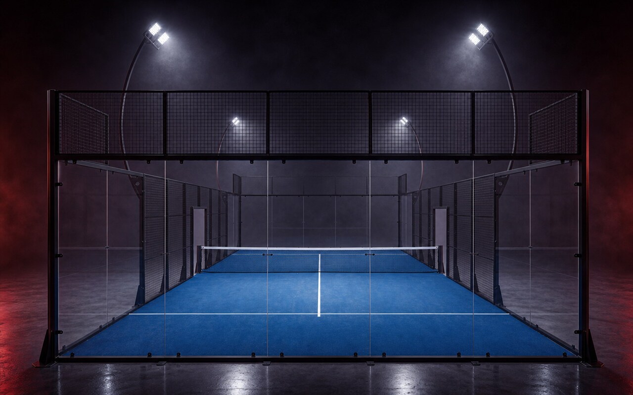 Cancha de pádel Panoramic Arc de Orion XSport, vista frontal a nivel de ojo: césped azul y estructura de postes en arco. Fabricación directa de fábrica.