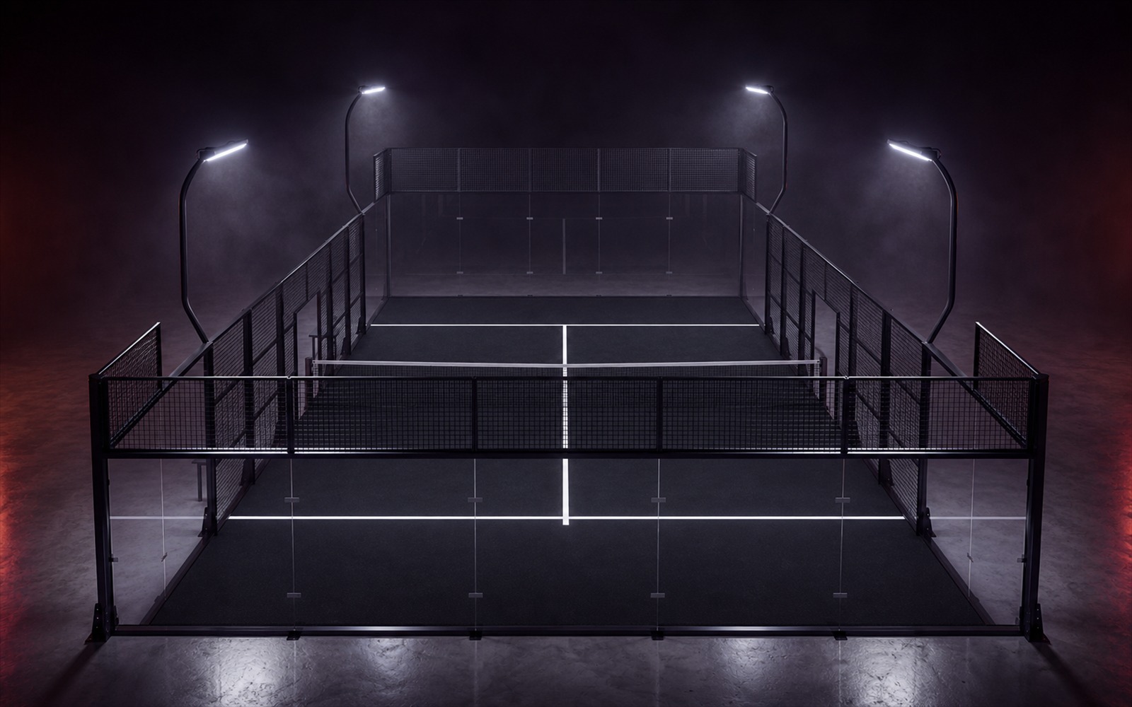 Cancha de pádel Panoramic Crest de Orion XSport, vista aérea elevada de frente: césped negro, cuatro postes tubulares en las esquinas y bancos perimetrales. Fabricación directa de fábrica.