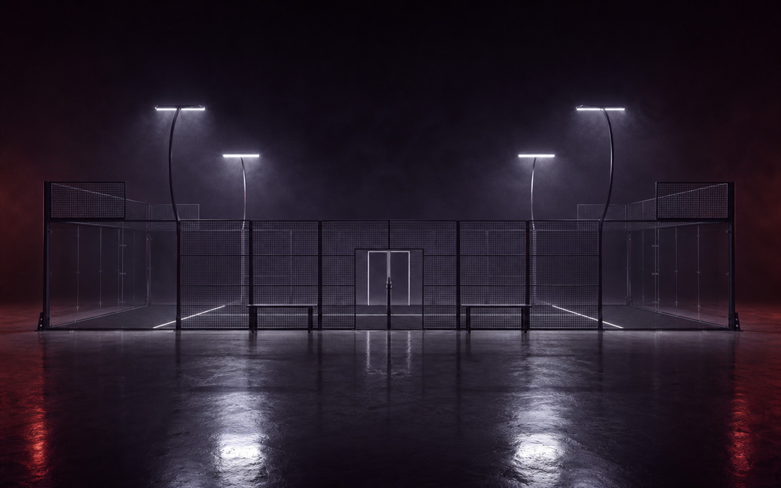 Cancha de pádel Panoramic Crest de Orion XSport, vista lateral completa: césped negro, cuatro postes tubulares en las esquinas y bancos perimetrales. Fabricación directa de fábrica.