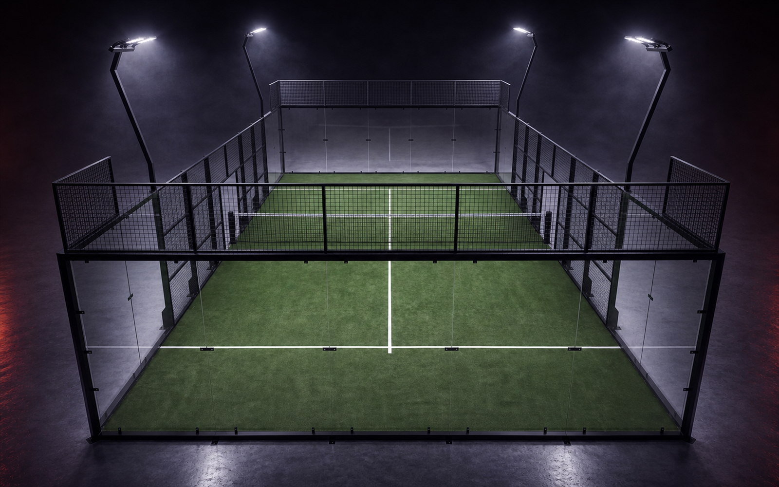Cancha de pádel Panoramic Debut de Orion XSport, vista aérea frontal elevada: césped verde y estructura panorámica. Fabricación directa de fábrica.