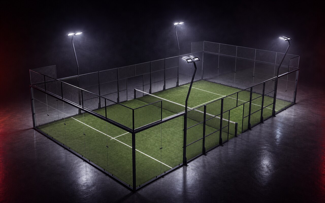 Cancha de pádel Panoramic Debut de Orion XSport, vista de dron desde la esquina en tres cuartos: césped verde y estructura panorámica. Fabricación directa de fábrica.