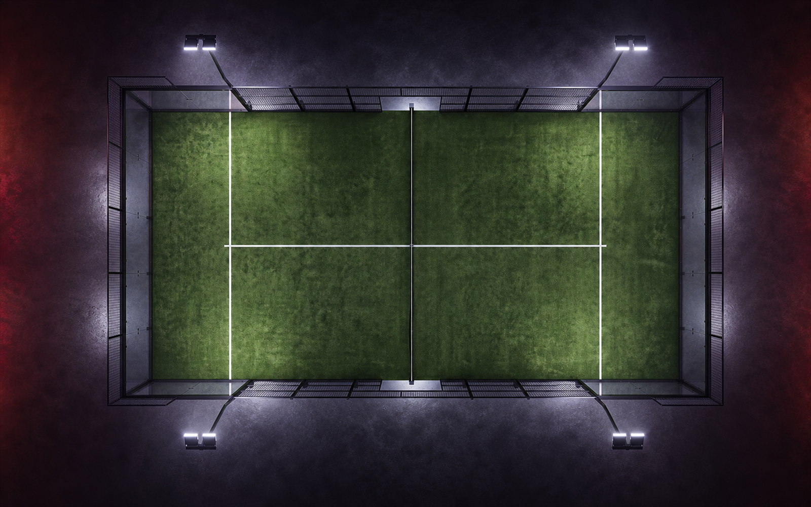 Cancha de pádel Panoramic Debut de Orion XSport, vista cenital desde arriba: césped verde y estructura panorámica. Fabricación directa de fábrica.