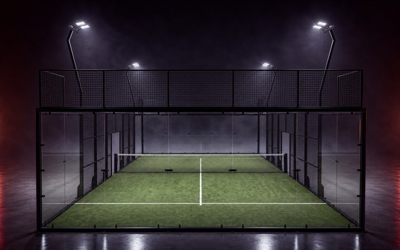 Cancha de pádel Panoramic Debut de Orion XSport, vista frontal a nivel de ojo: césped verde y estructura panorámica. Fabricación directa de fábrica.