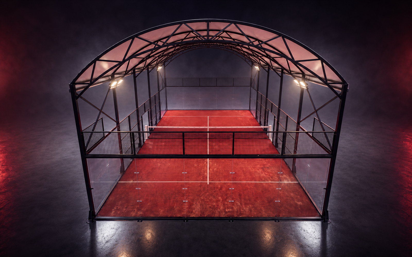 Cancha de pádel Shelter de Orion XSport, vista aérea frontal elevada: césped rojo bajo cubierta curva de PVC. Fabricación directa de fábrica.