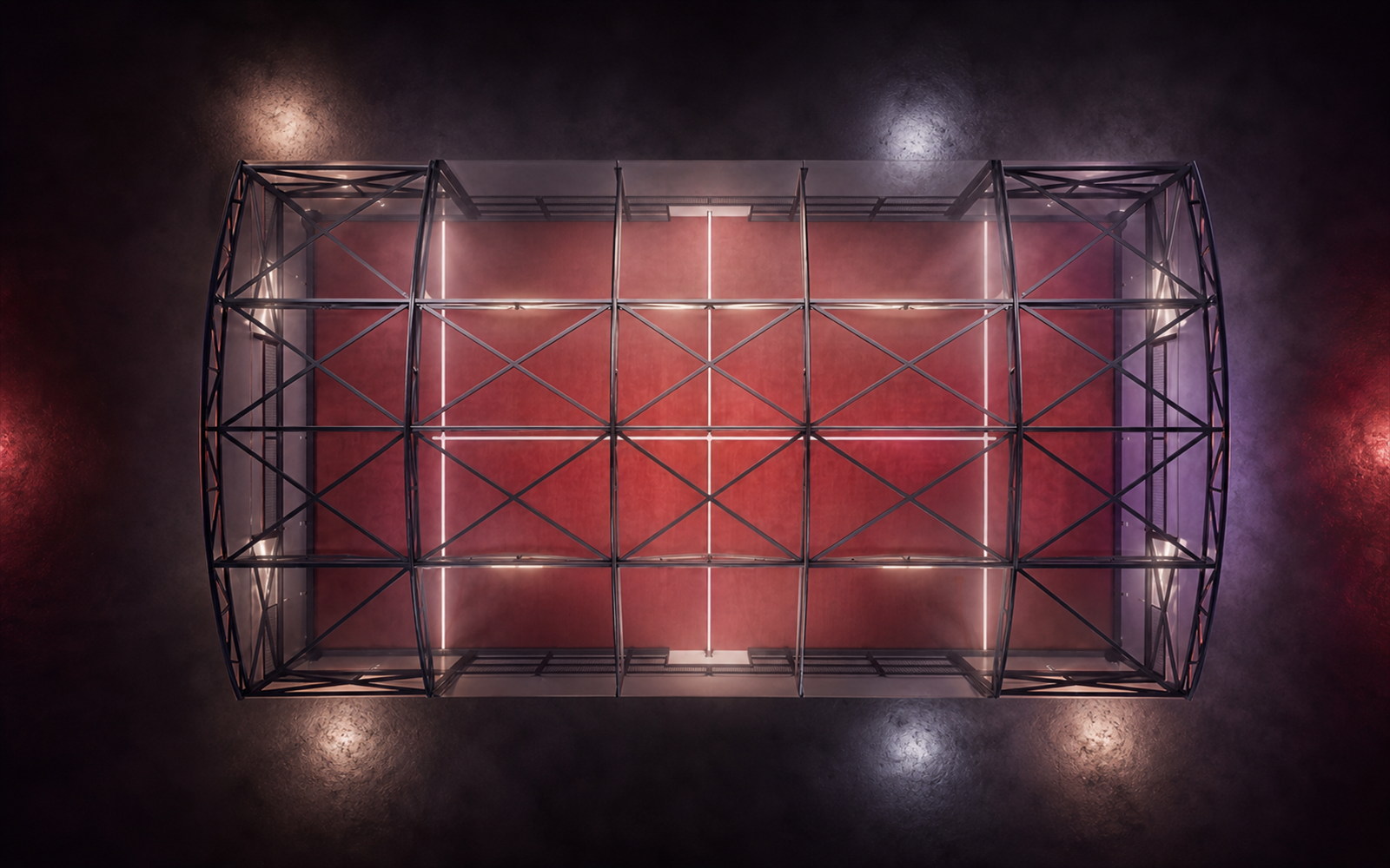 Cancha de pádel Shelter de Orion XSport, vista cenital desde arriba: césped rojo bajo cubierta curva de PVC. Fabricación directa de fábrica.