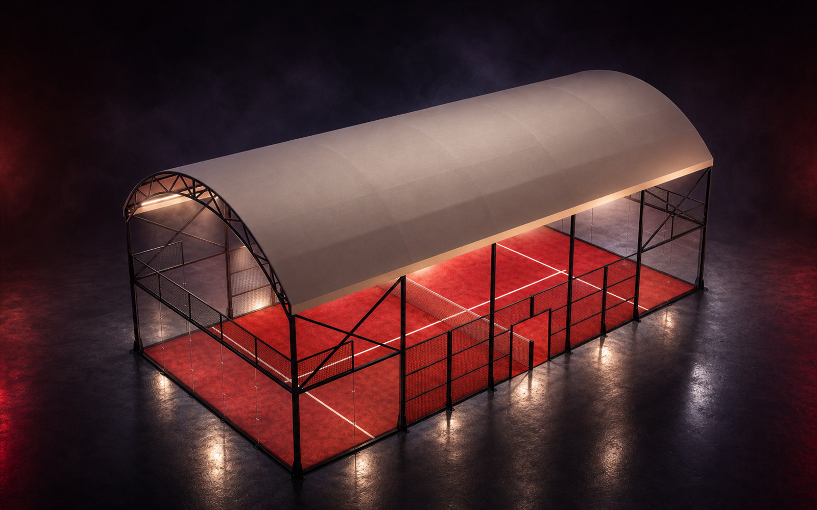 Cancha de pádel Shelter de Orion XSport, vista de dron desde la esquina en tres cuartos: césped rojo bajo cubierta curva de PVC. Fabricación directa de fábrica.