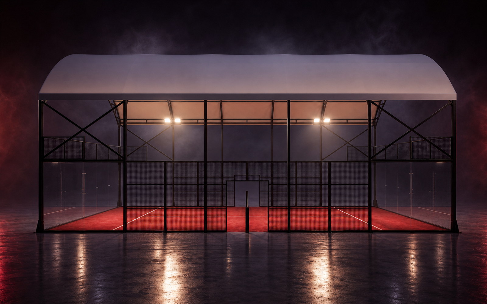 Cancha de pádel Shelter de Orion XSport, vista lateral completa: césped rojo bajo cubierta curva de PVC. Fabricación directa de fábrica.