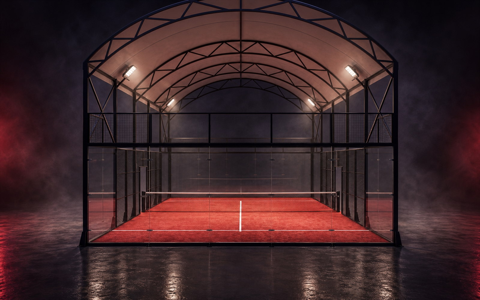 Cancha de pádel Shelter de Orion XSport, vista frontal a nivel de ojo: césped rojo bajo cubierta curva de PVC. Fabricación directa de fábrica.