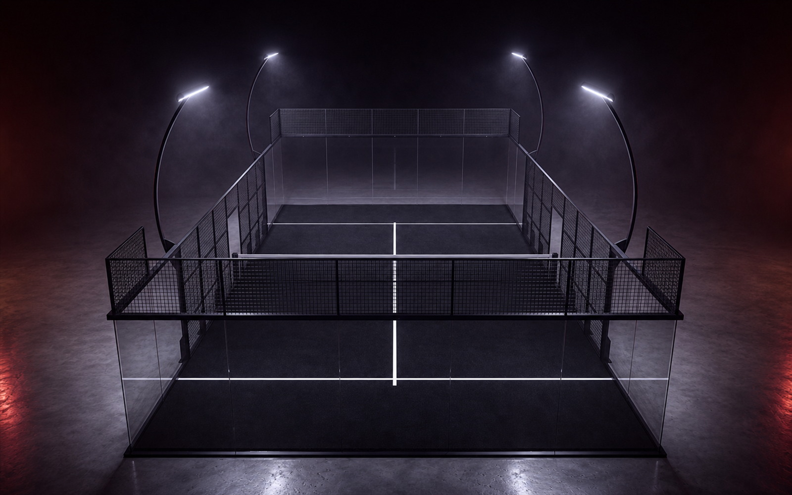 Cancha de pádel Superpanoramic Apex de Orion XSport, vista aérea frontal elevada: césped negro, fondo de vidrio templado y postes con barra LED plana. Fabricación directa de fábrica.