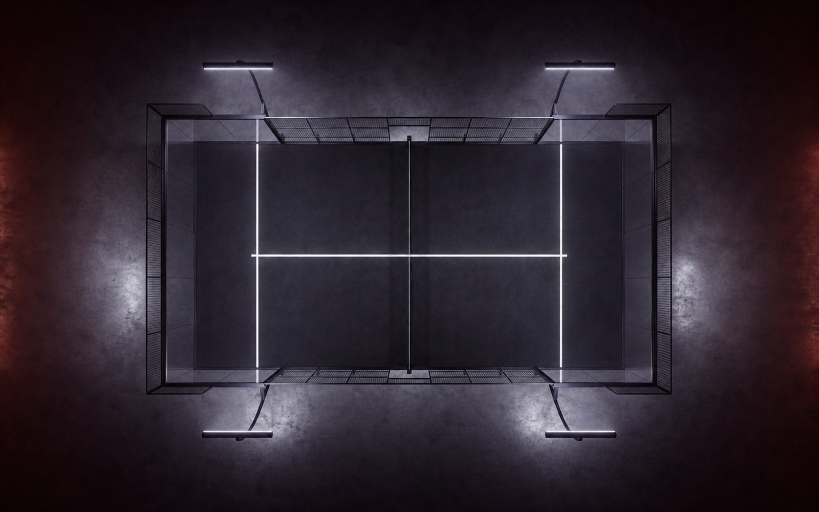 Cancha de pádel Superpanoramic Apex de Orion XSport, vista cenital desde arriba: césped negro, fondo de vidrio templado y postes con barra LED plana. Fabricación directa de fábrica.