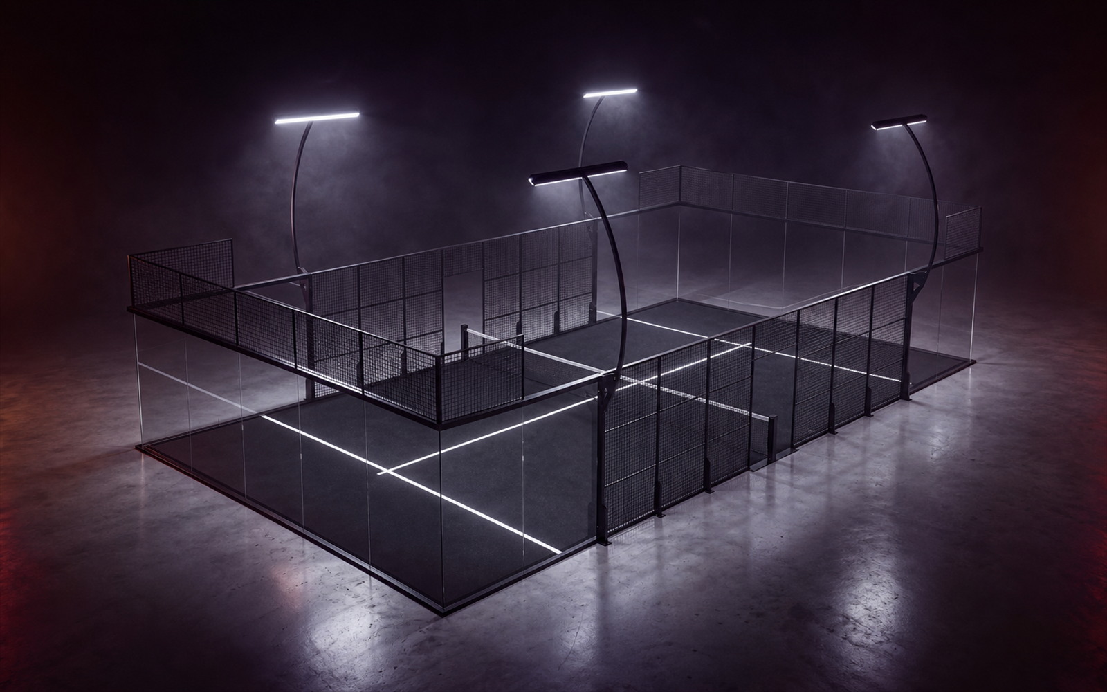 Cancha de pádel Superpanoramic Apex de Orion XSport, vista de dron desde la esquina en tres cuartos: césped negro, fondo de vidrio templado y postes con barra LED plana. Fabricación directa de fábrica.