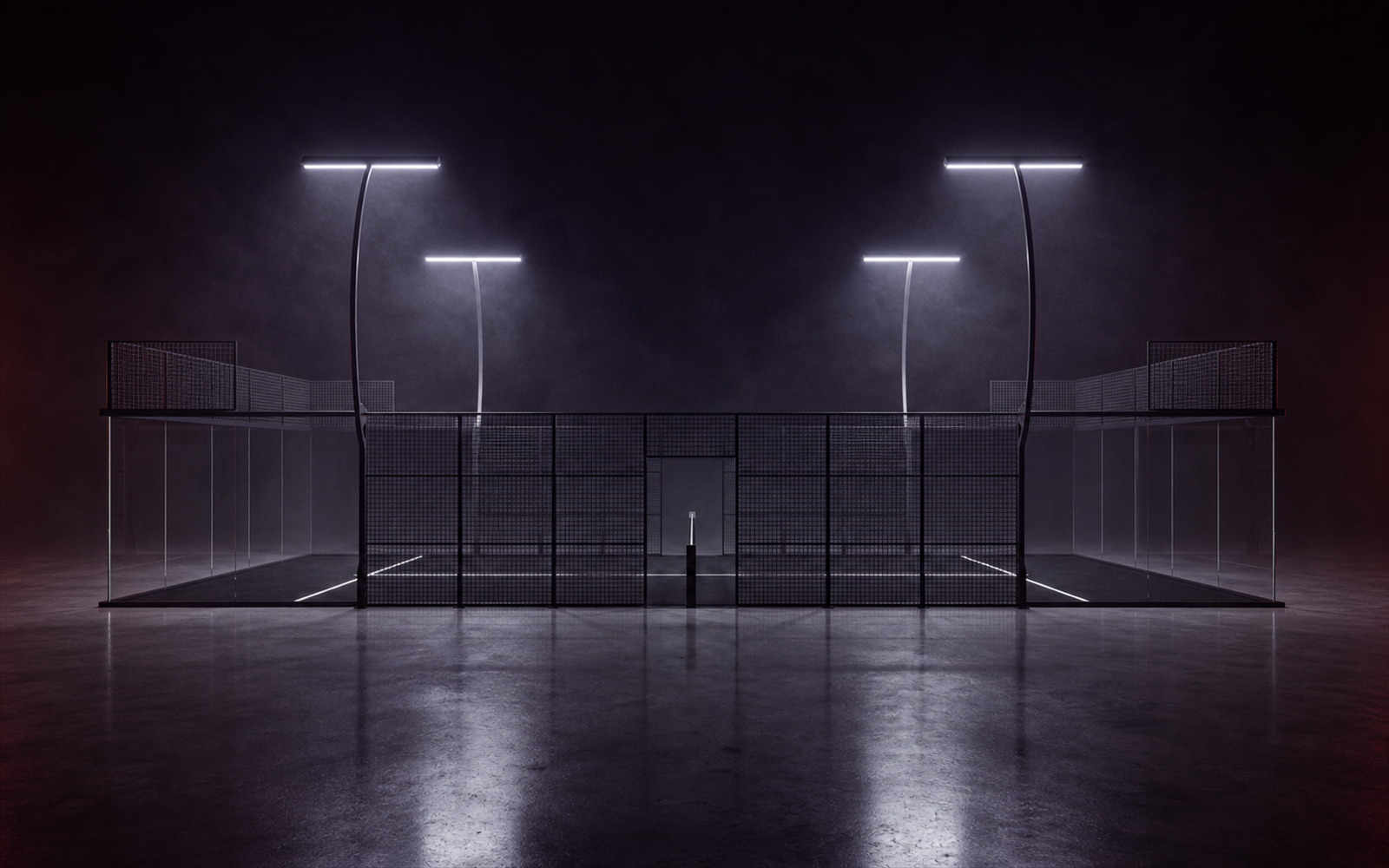Cancha de pádel Superpanoramic Apex de Orion XSport, vista lateral completa: césped negro, fondo de vidrio templado y postes con barra LED plana. Fabricación directa de fábrica.
