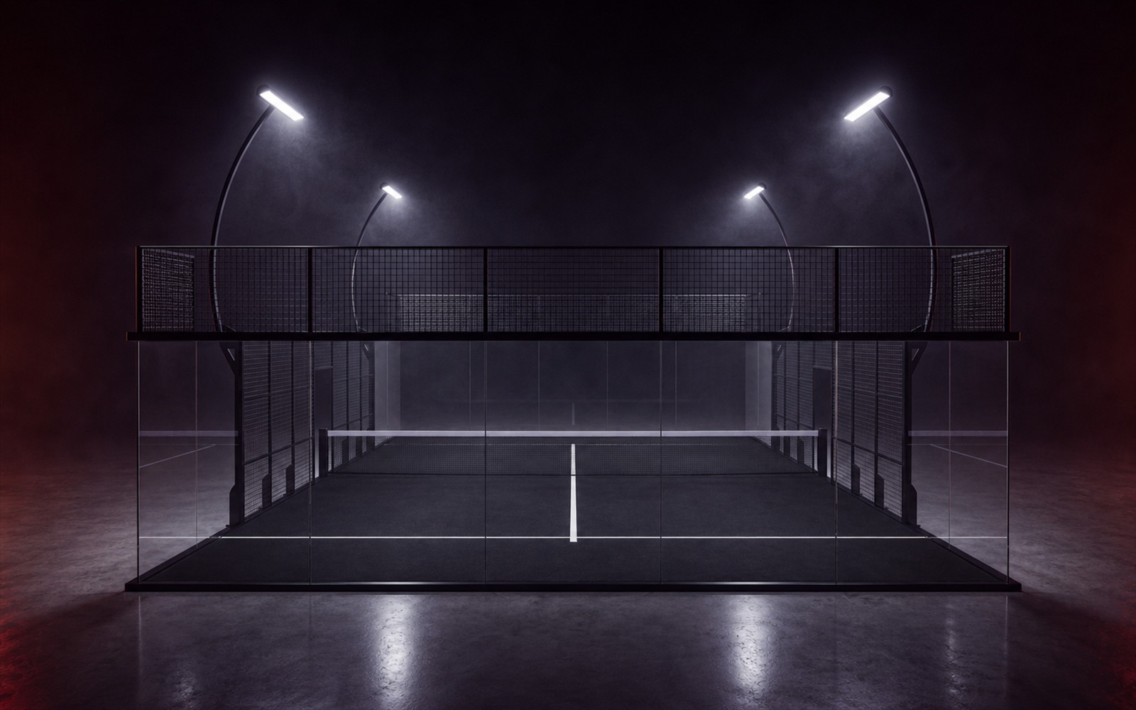Cancha de pádel Superpanoramic Apex de Orion XSport, vista frontal a nivel de ojo: césped negro, fondo de vidrio templado y postes con barra LED plana. Fabricación directa de fábrica.