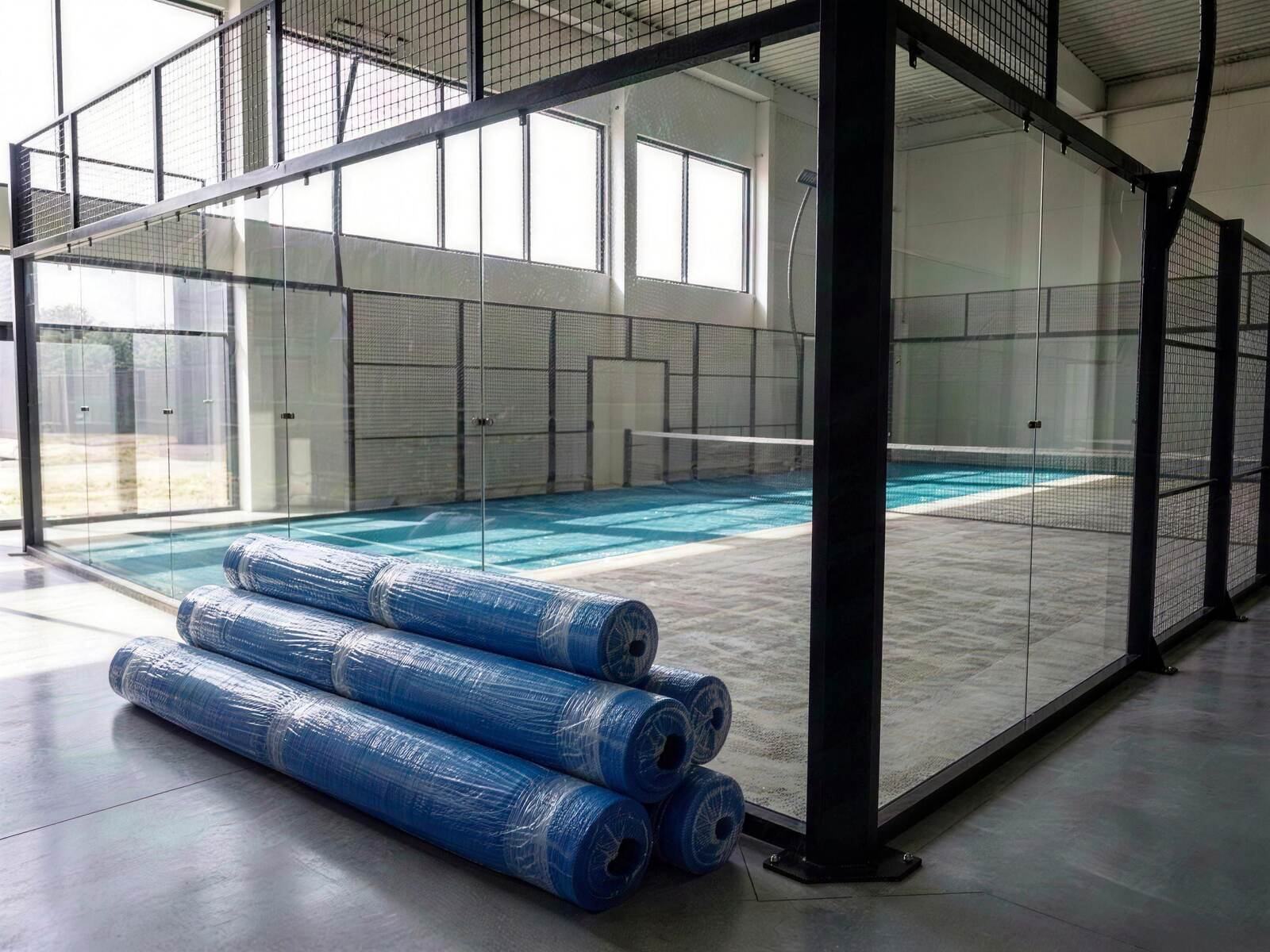 Rolos de grama sintética azul entregues ao pé da quadra, junto a uma quadra de padel da Orion XSport pronta para a troca. Fabricação direto da fábrica.